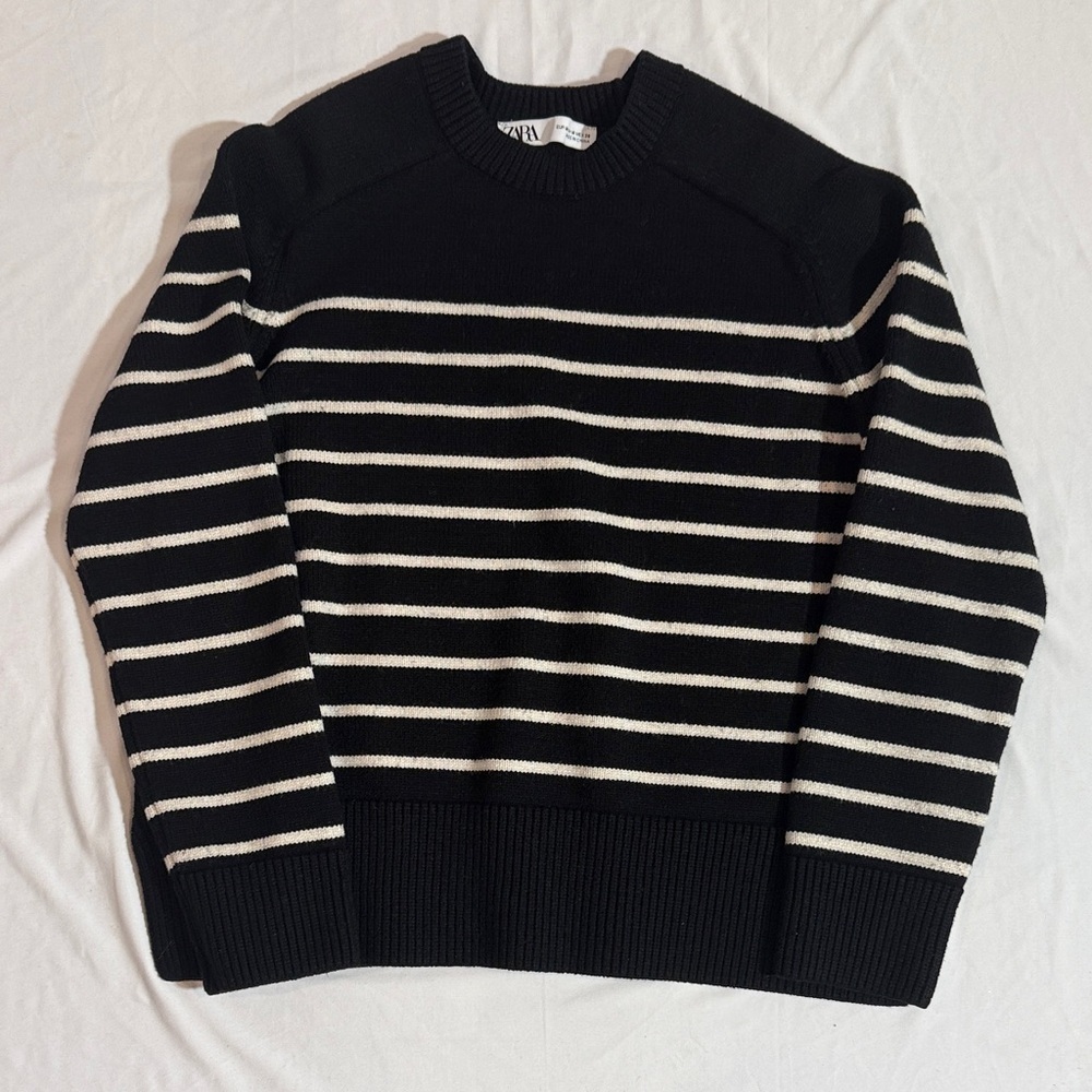 Zara Black and White Striped Crewneck Sweater